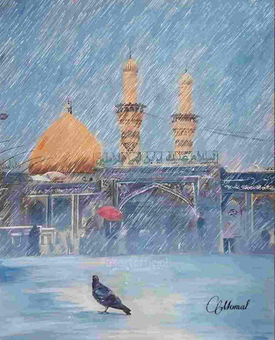 “Tranquil Oasis: Rain Shower at Roza e Imam Hussain”